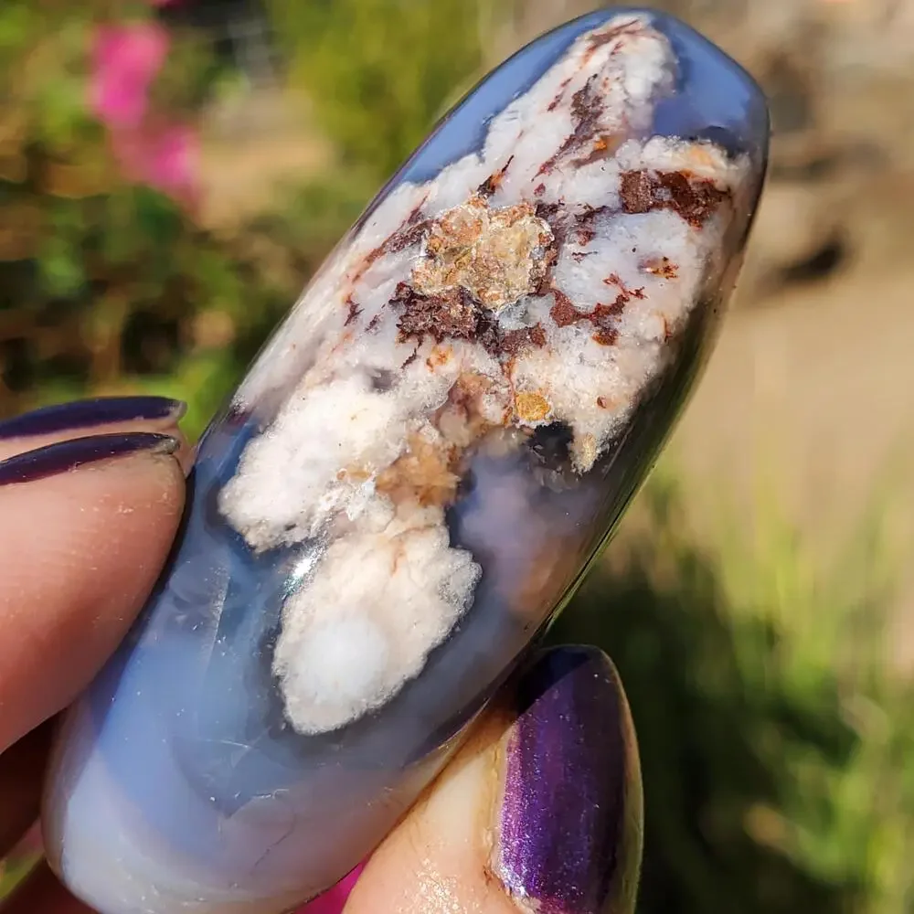 Blue Flower Blossom Agate Translucent Palmstone Crystal 66 grams